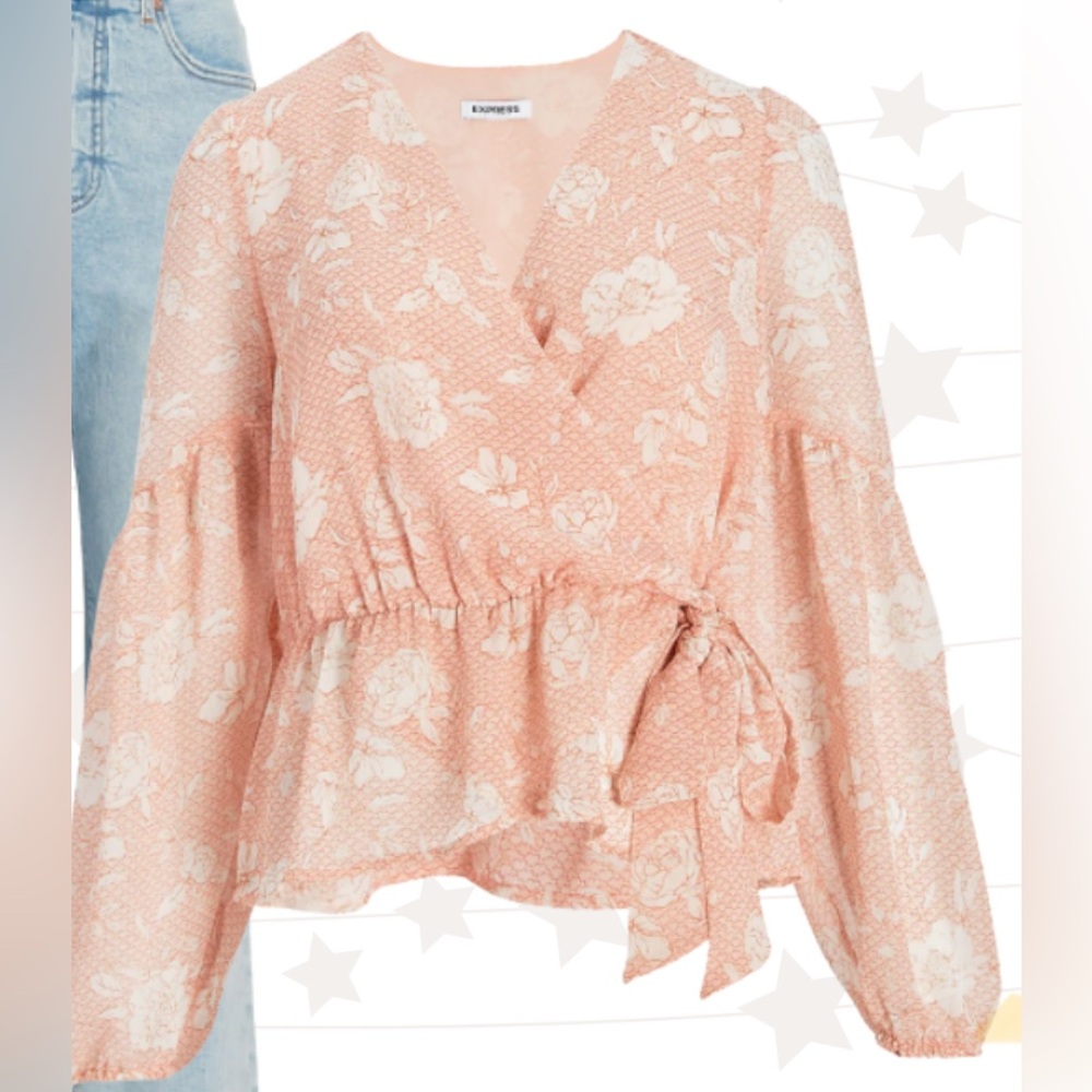Women’s Long-sleeve Floral Top Ruffle Faux Wrap Peach Dressy Casual Blouse